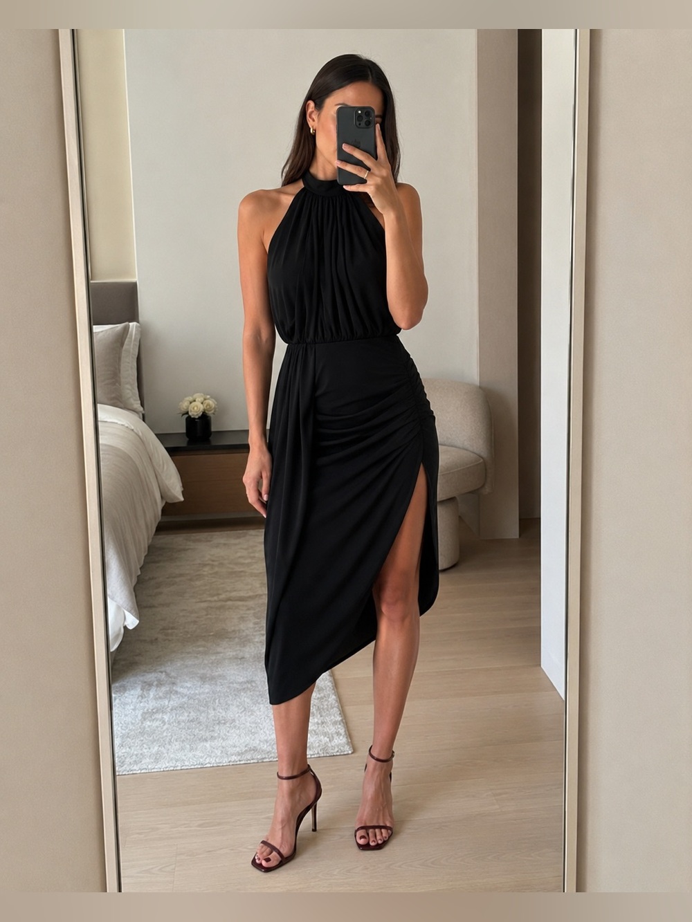 Zara ZW Collection Draped Halter Midi Dress Black Asymmetric Ruched Size M